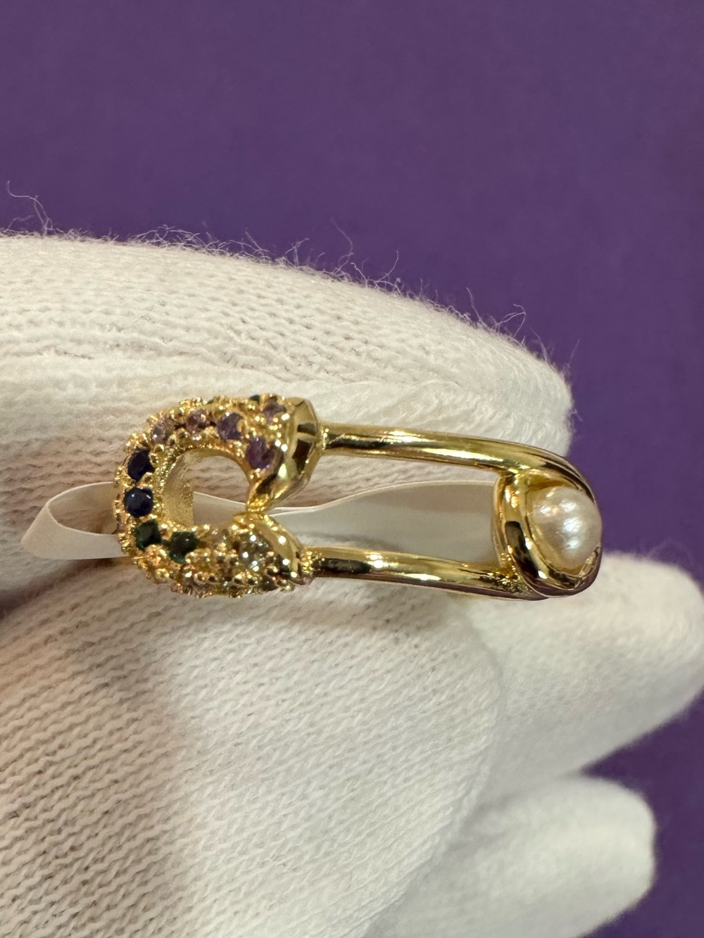 Melinda Maria Gold Safety Pin Ring with Pearl and Multicolor Stones
